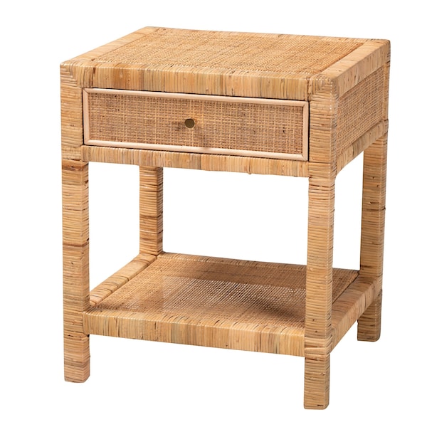 Baxton Studio Adelia Modern Bohemian Natural Rattan and Mahogany Wood 1-Drawer Nightstand 229-13149-ZORO - main
